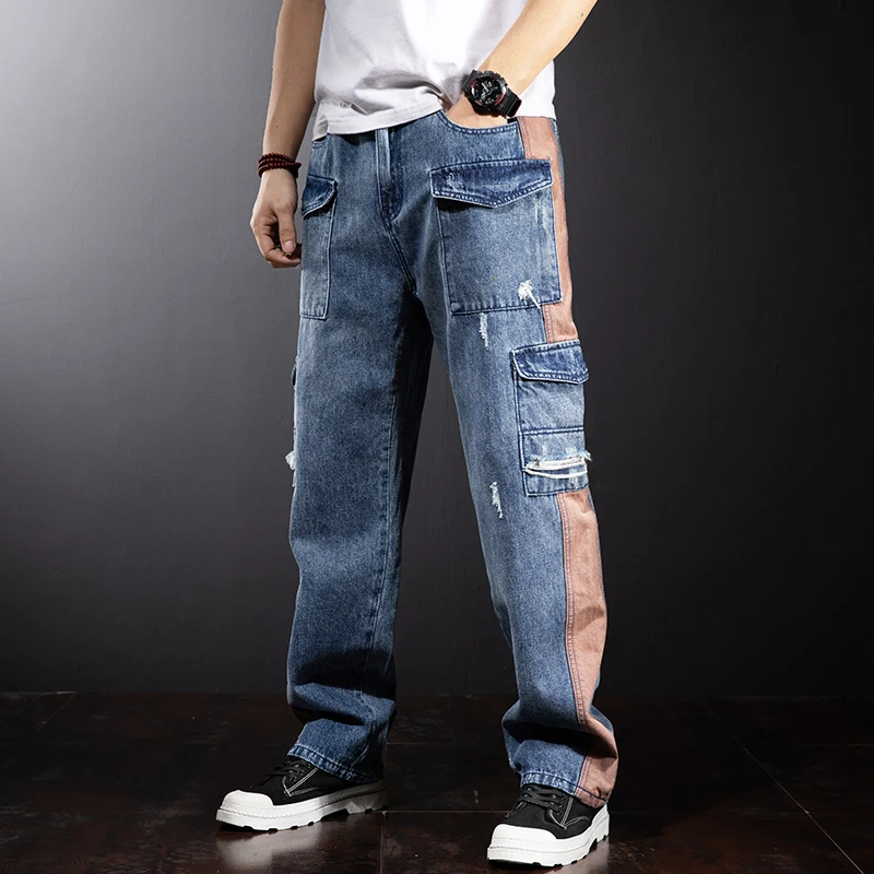 Patchwork Straight 2025 Wide Leg Denim Pant Multi Pocket Loose Cargo Jeans for Mens Baggy Men new Cowboy Trousers