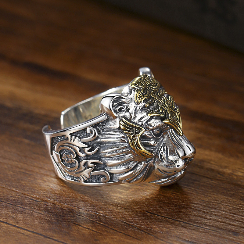 Classic vintage 925 Thai Silver Domineering golden Armor Tiger Head mens rings Sculptured Design Hip Hop Party Jewelry