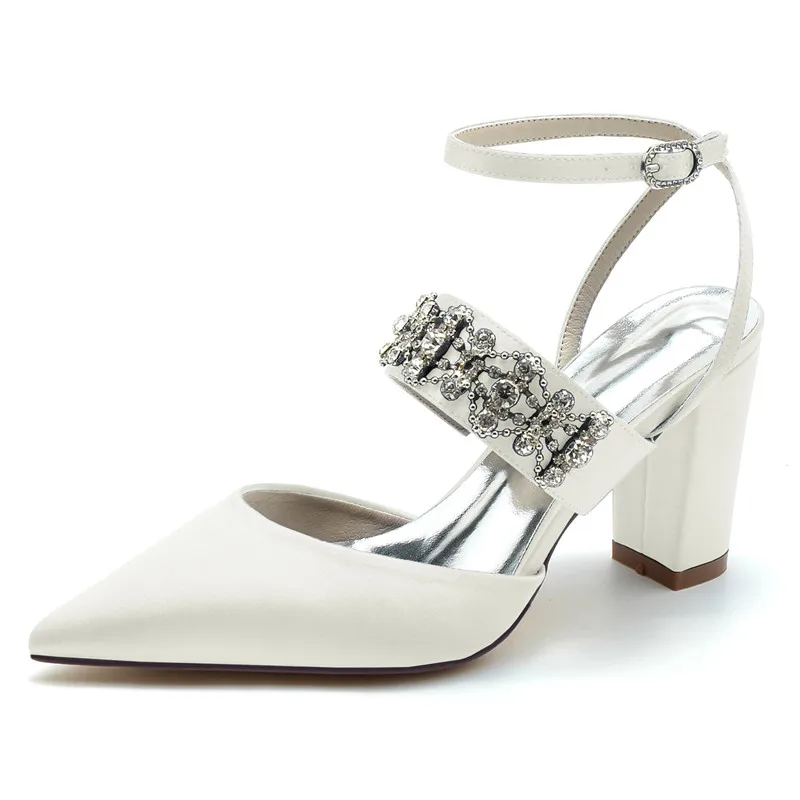 Satin Crystals Block Heels Wedding Shoes for Bride Pointed Toe Ankle Buckle Strap Prom 2025 Evening Bridal Party Heels new Pumps Women