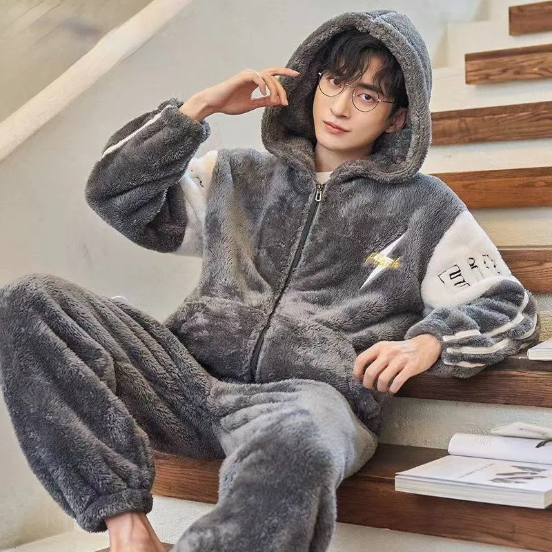 2023 New Men Pajamas Autumn Winter Coral Velvet Padded Hooded Loungewear Warm Flannel Cotton-padded Jacket Homewear Suit