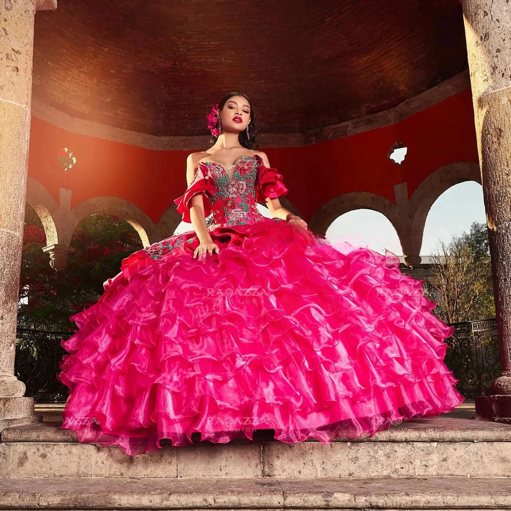 Charro Organza Quinceanera Ball Gown Off The Shoulder Appliques Beaded Puffy Mexican Sweet Dresses Anos