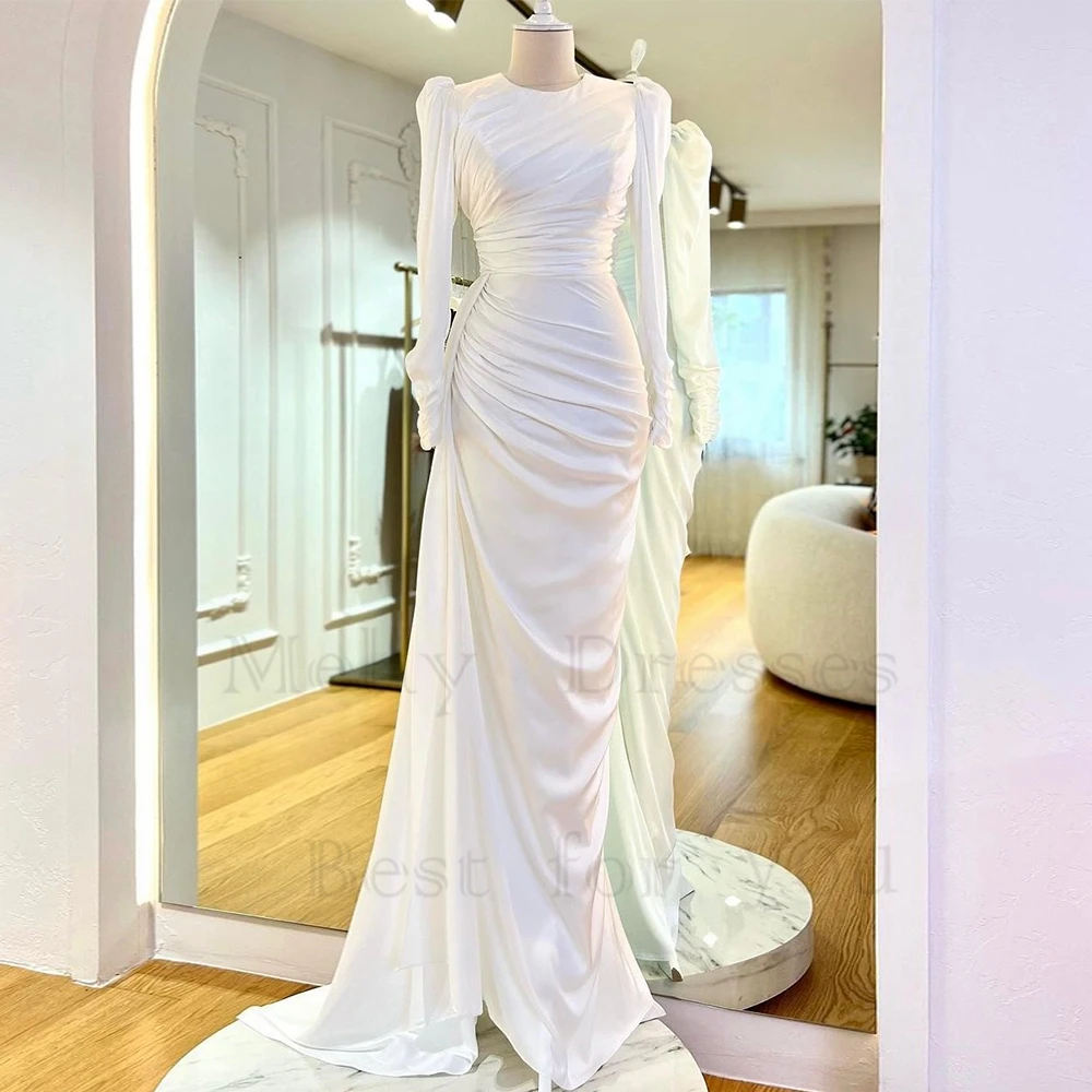 White Scoop Evening Dresses for Women Full Sleeve Satin Prom Gowns Summer New Rea Picture Vestido De Noche