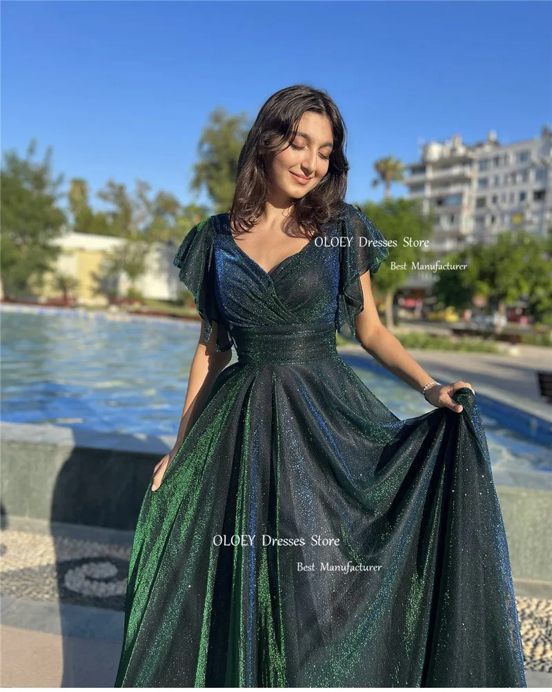 OLOEY New Dark Green Shiny Tulle Long Evening Dresses For Women Vintage Square Neck Short Sleeves Glitter Sparkly Prom Gowns