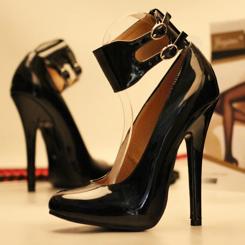 CACA 2023 New 14cm/5.5'' High Heels,Women Pumps,Men Fetish Cosplay Shoes,Pointed Toe,Ankle Buckle Strap,Black,Big 36-46,Dropship