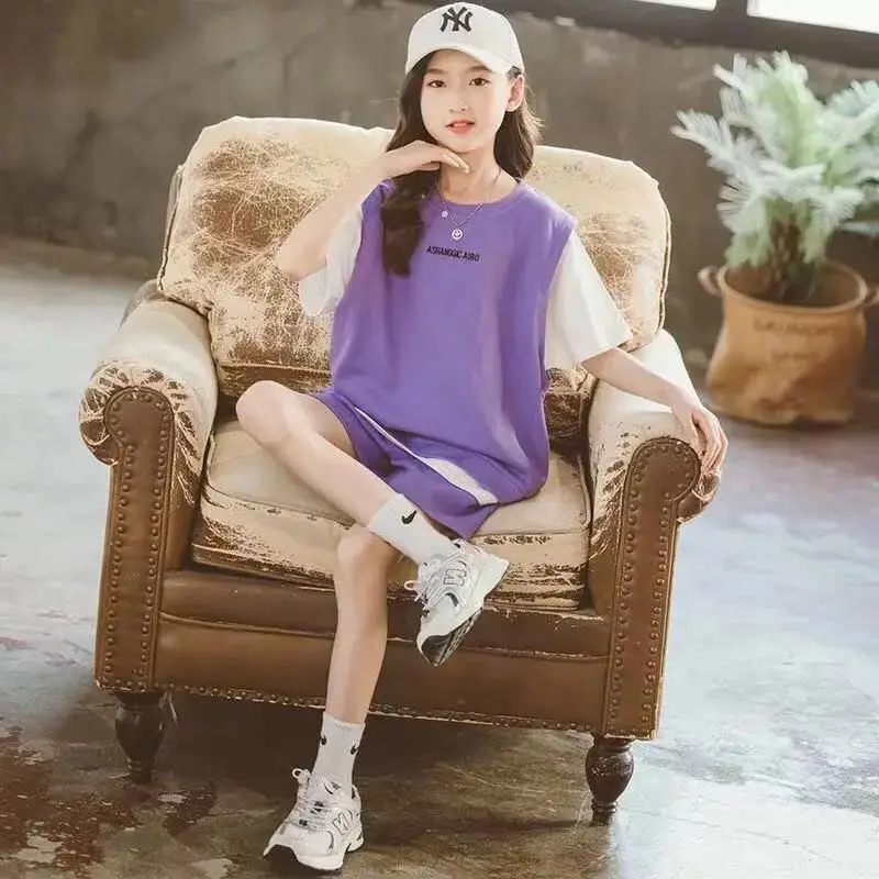 Girls New Summer Loose Thin Ventilate 2PCS Short Sleeve Tee+Pants Suits Korean Style 5 14 Years Teeange Girls Casual Clothes Set