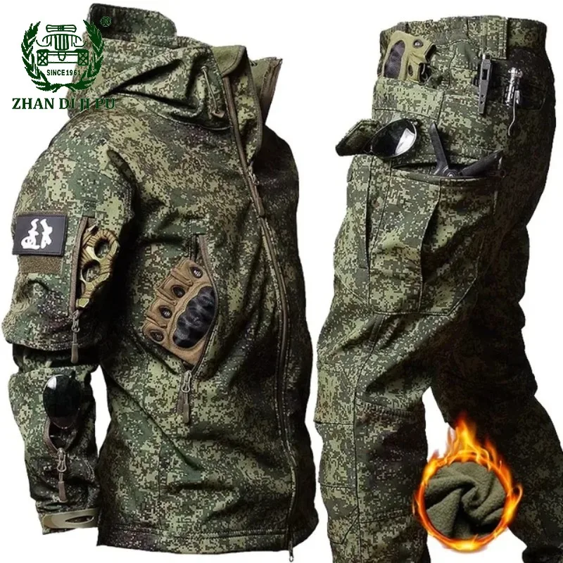 Winter Tactical Set Mens Hooded Military Outdoor Windproof Waterproof Suit Multi-Pocket Soft Shell Jackets Sharkskin Sweatpants