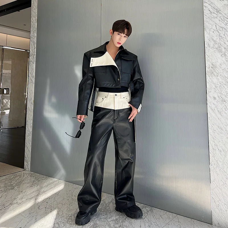 IEFB Designer 2025 Denim Matching PU Leather Color Contrast Versatile Straight Pants new 2023 Wide Leg Male Trousers High Street 9A7434
