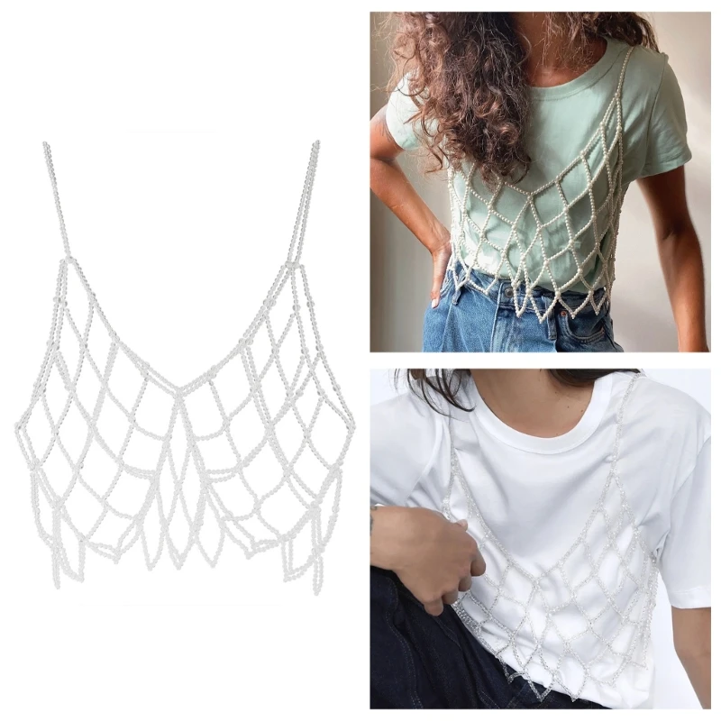 Delicate Beaded Crop Top for Woman Rhinestone/ Pearl Beaded Camisole Vest Sexy Body Chain Woman Seaside Party Decors