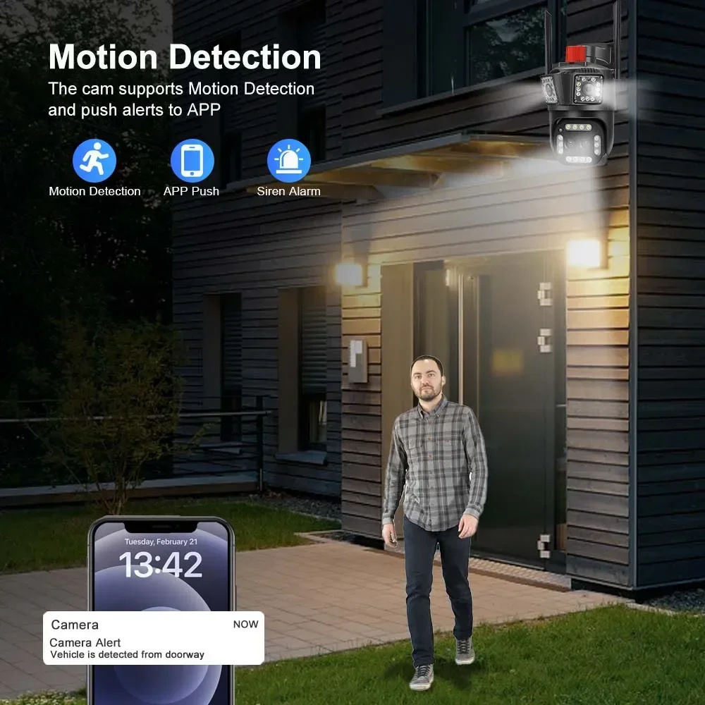 8K 16MP WiFi IP Camera 12X Zoom Four Lens Three Screen Outdoor PTZ Security Cam AI Auto Tracking 8MP HD Video Surveillance CCTV
