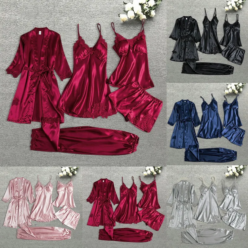 Pajama Set Women Lace Trim Satin Sleepwear Pyjamas Femme Summer Nightwear With Pants Casual Home Wear Kimono Robe Gown PJS
