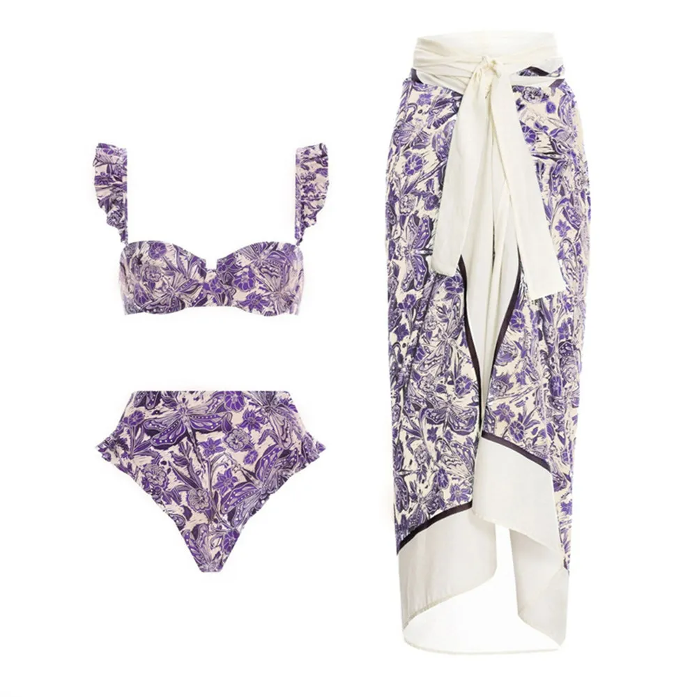 Designer 2023 Women Sexy blue-and-white porcelain Print Bikini Set Skirt Cover Up Swimwear Lace Up Swimsuit Beachwear Biquini