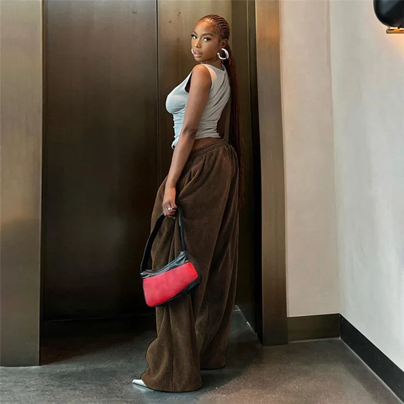 Deeptown Corduroy Oversized Pants Women Y2K Vintage Baggy Wide Leg Casual Pocket Trousers Harajuku Streetwear Sweatpants Korean