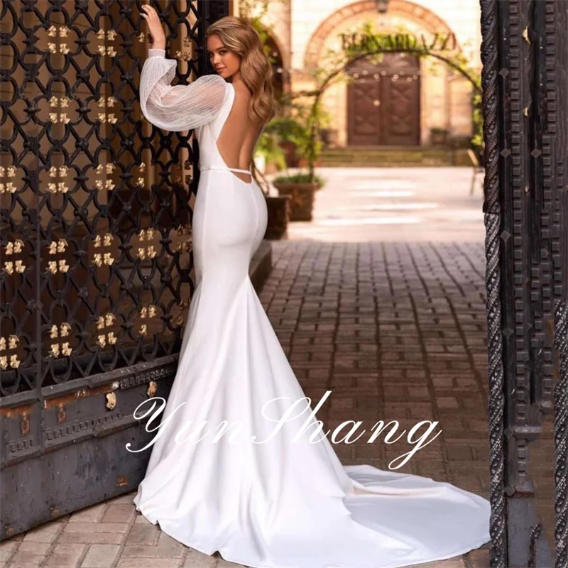 Yunshang Elegant Wedding Dresses Women Mermaid Open Back Long Sleeve Boat Neck Bridal Gown Tulle Sweep Train Vestidos De Novia
