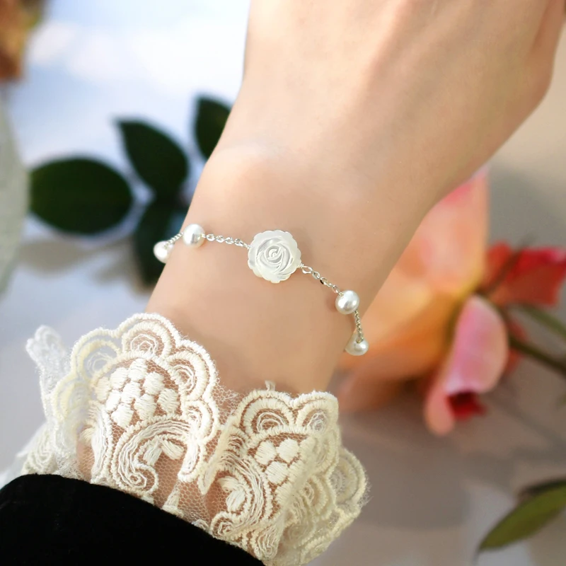 ASHIQI Natural Freshwater Pearl Shell Flower Bracelet 925 Sterling Silver Jewelry for Women New Trend