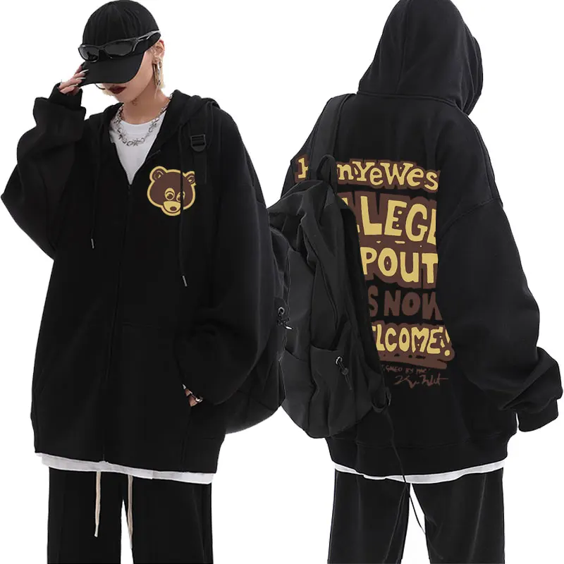 Kanye West The College Dropout Graphic Zipper Hoodie Men Women Hip Hop Vintage Hoodies Male Fleece Oversized Zip Up Jacket Coat