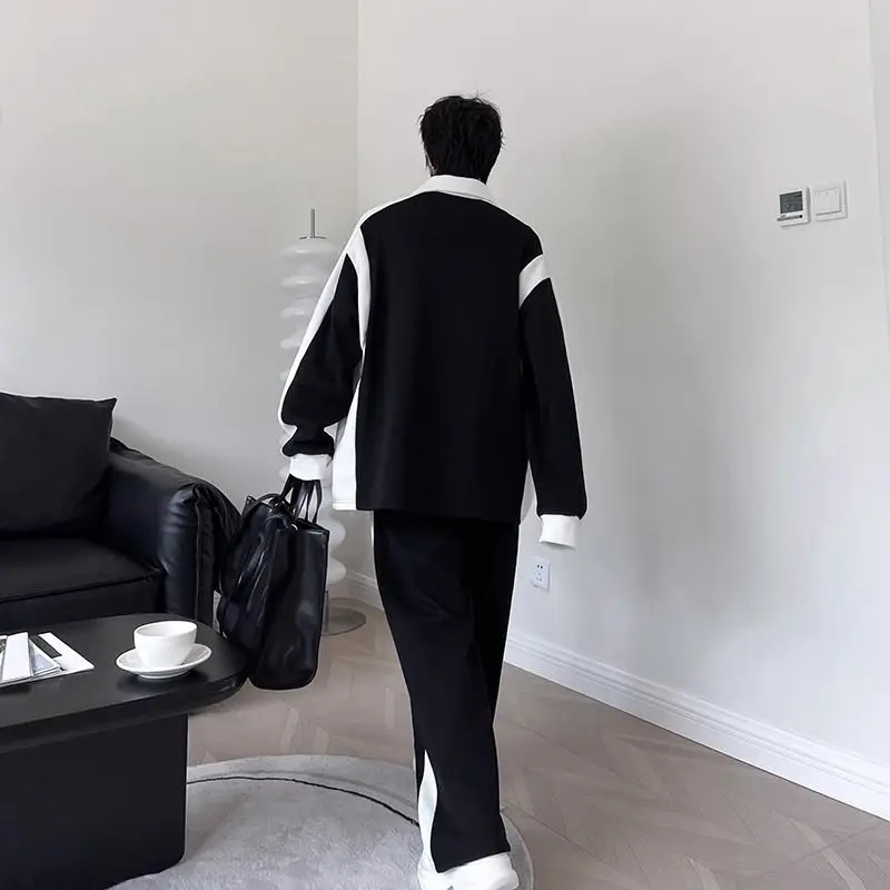 Elegant Black White Color Contrast Sports Shirt Set Long Sleeved Polo Shirt Sweatpants Two Piece Set Casual Handsome Tracksuit