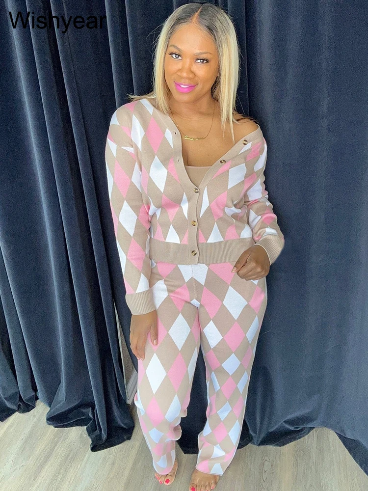 Casual Colorful Rhombic Lattice Knitted Long Sleeve Sweaters Tops and Wide Leg Pants 2 Piece Set Women Birthday Street Outfits