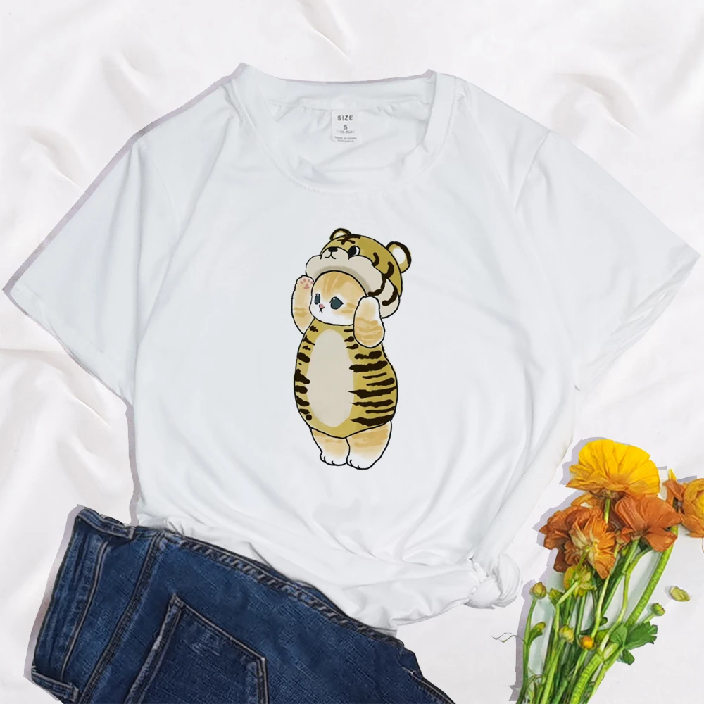 Make Fun of Duck Funny Kawaii Cat Print Clothing Women T Shirt Aesthetics Graphic White Short Sleeve Polyester Women's T Shirt