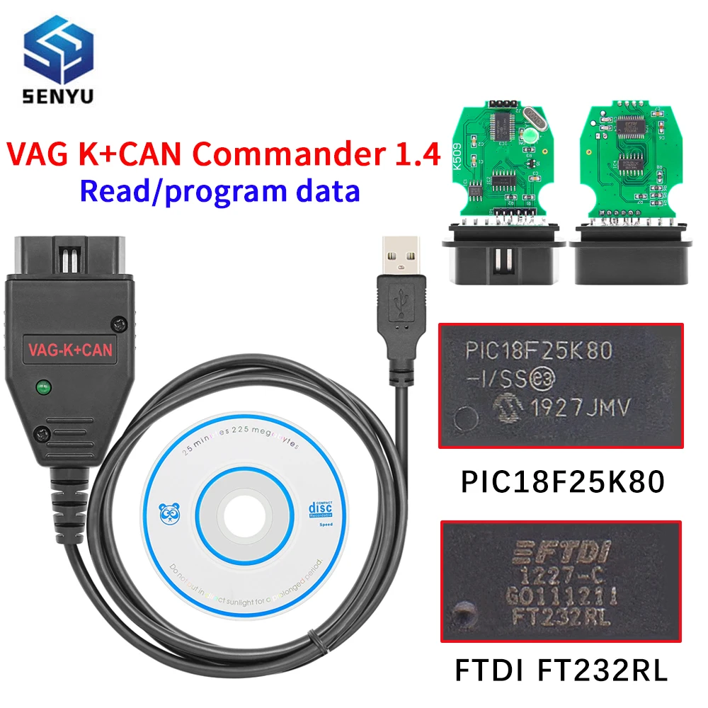 VAG K+CAN Commander 1.4 PIC18F25K80 FTDI FT232RL OBD 2 Auto Car Diagnostic Scanner Cable Tools for AUDI/VW Interface COM K-line