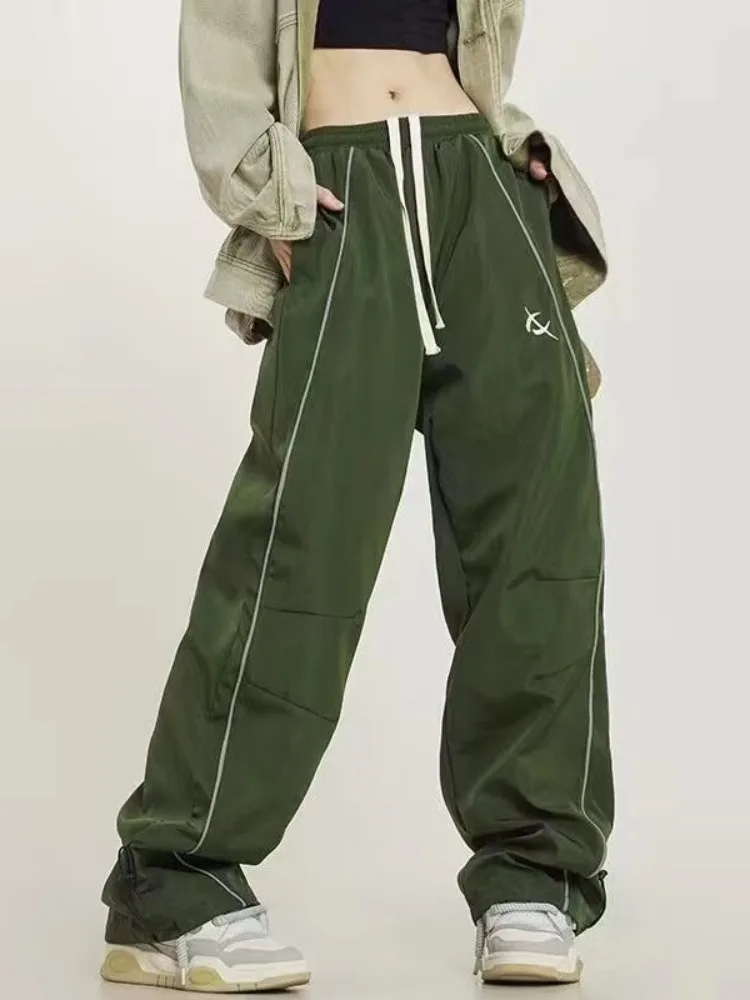 HOUZHOU Y2k Cargo Track Pants Women Harajuku Striped Baggy Green Joggers Casual Oversized Hip Hop Sweatpants Wide Kpop Fashion