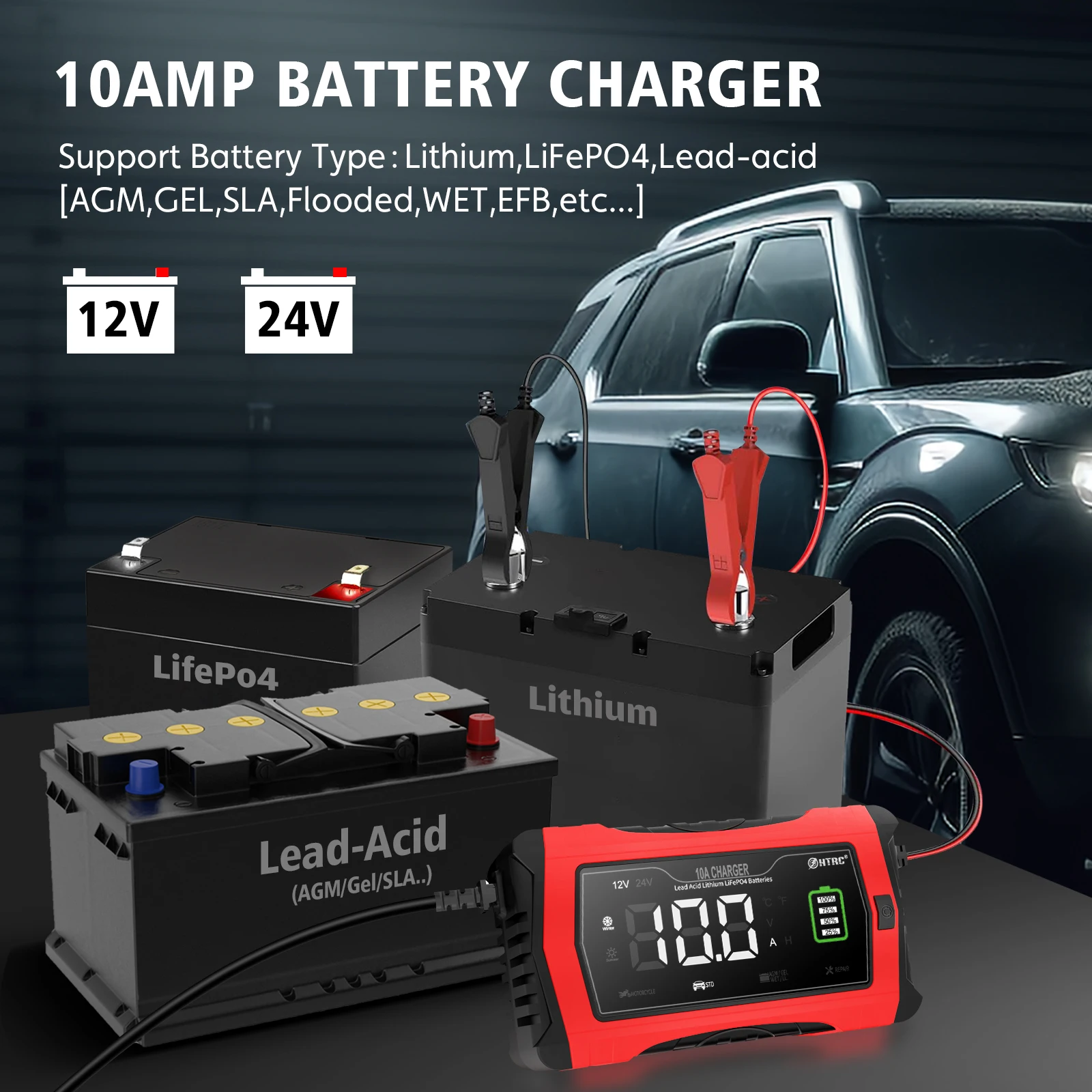 HTRC 12V 24V 10A Automatic Charging For Lithium LiFePO4 AGM GEL Lead-Acid Battery Motorcycle Charger 7-Stage Car Battery Charger