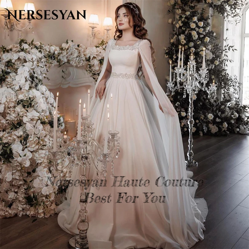 new Nersesyan Vintage Long Cape Sleeves Formal Wedding Gowns Sequare Collar Glitter Beads Bridal 2025 Dresses A Line Draped Bride Gown