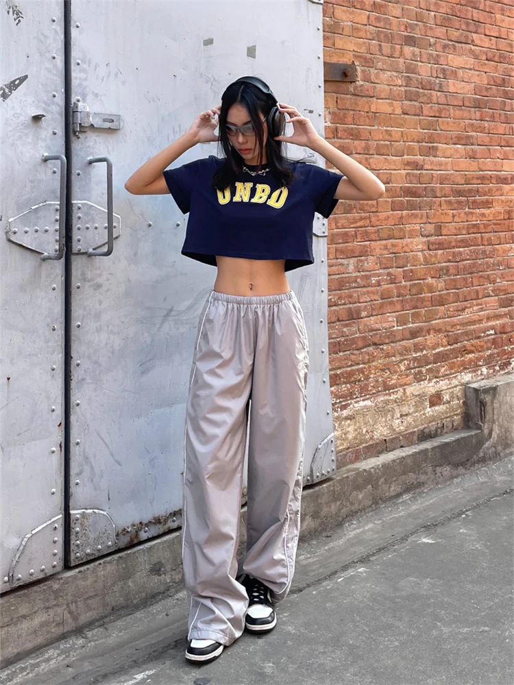 QWEEK Y2K Vintage Navy Blue Track Pants Women Gorpcore Streetwear Gray Sports Trousers Oversize Korean Black Wide Leg Sweatpants