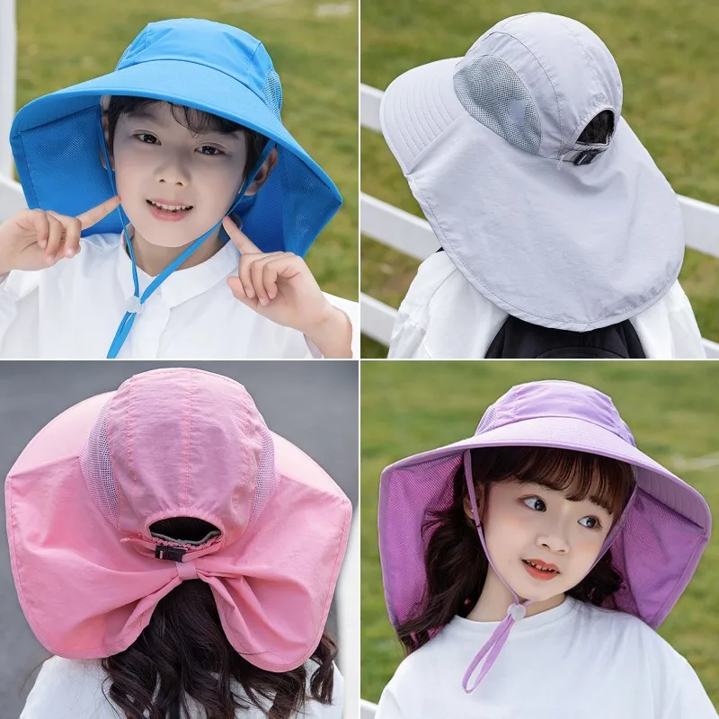 2023 New Solid Color Children Sun Hat Summer Kids Outdoor Neck Ear Cover Beach Caps Kids Travel Flap Cap for Children Boy Girl