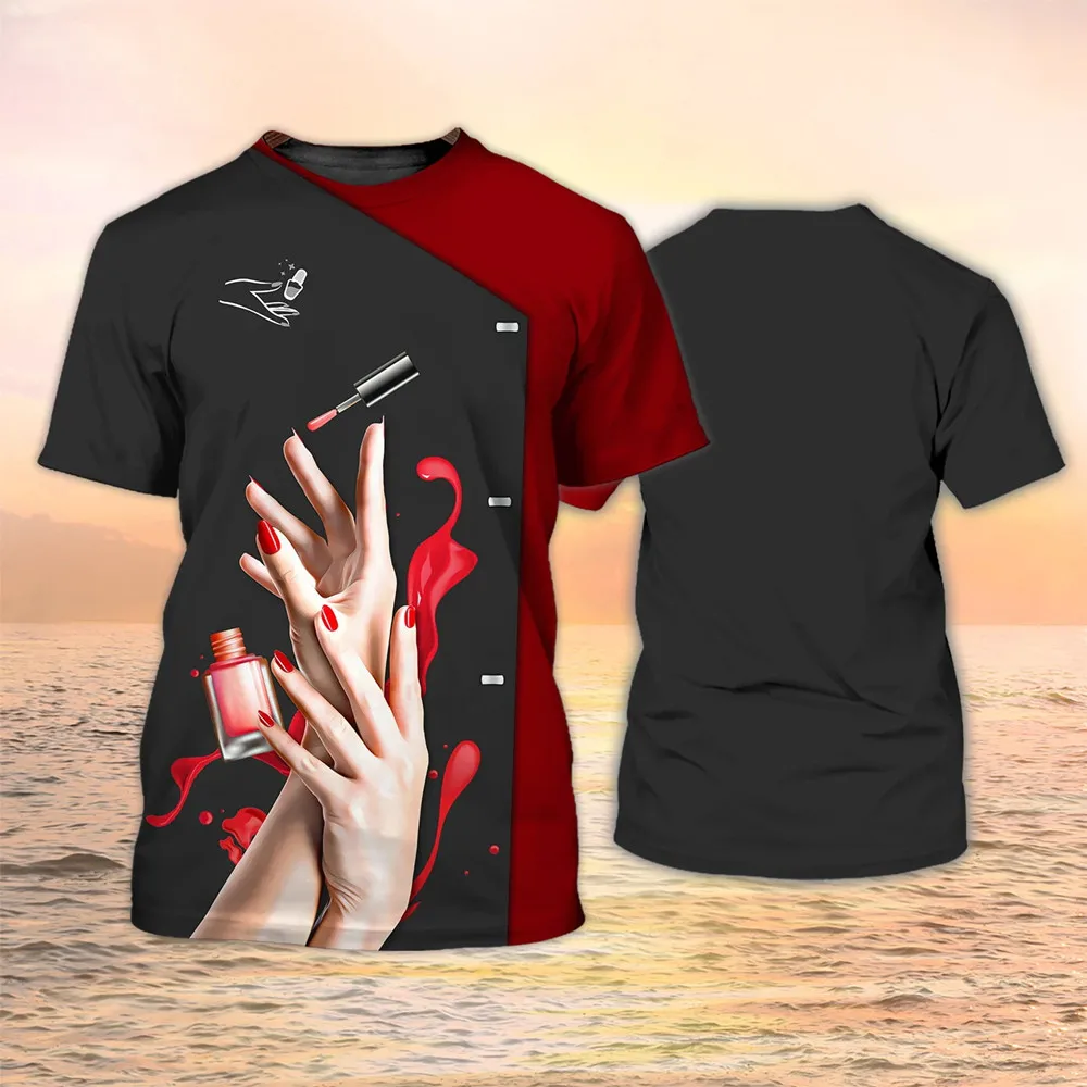 Women's manicure shirt, 3D nail polish printed T-shirt, Harajuku short sleeved shirt, summer fashion, women's casual sweater
