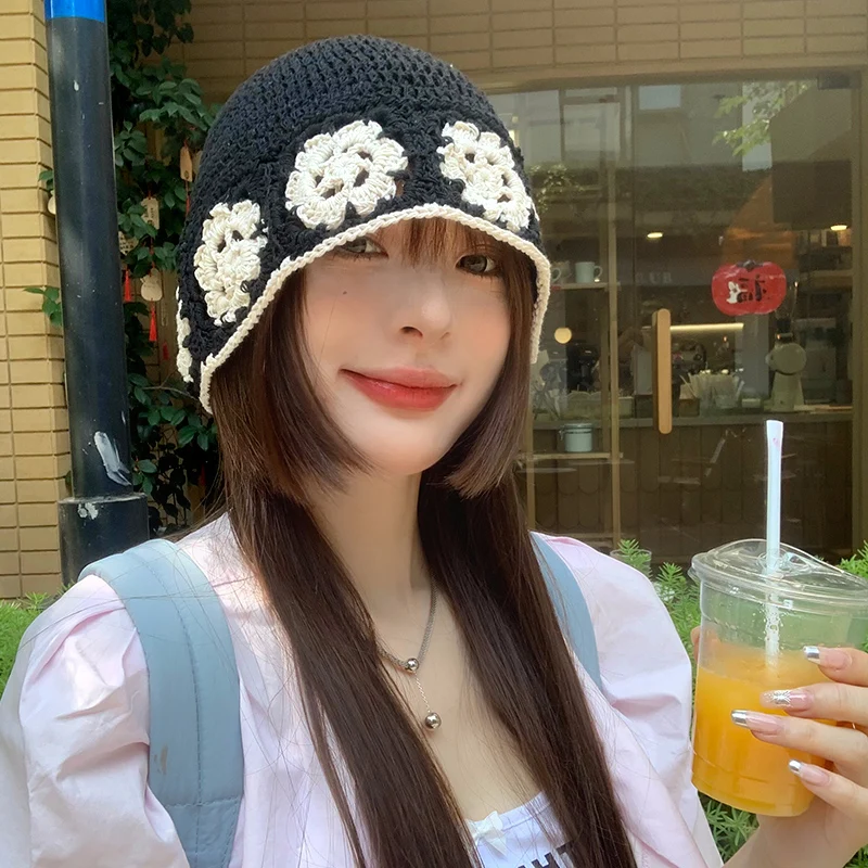 Korean Niche Designer Hand-knitted Bucket Hat Spring and Summer Hollow Woven Flower Basin Cap Show Small Face Retro Women's Hats