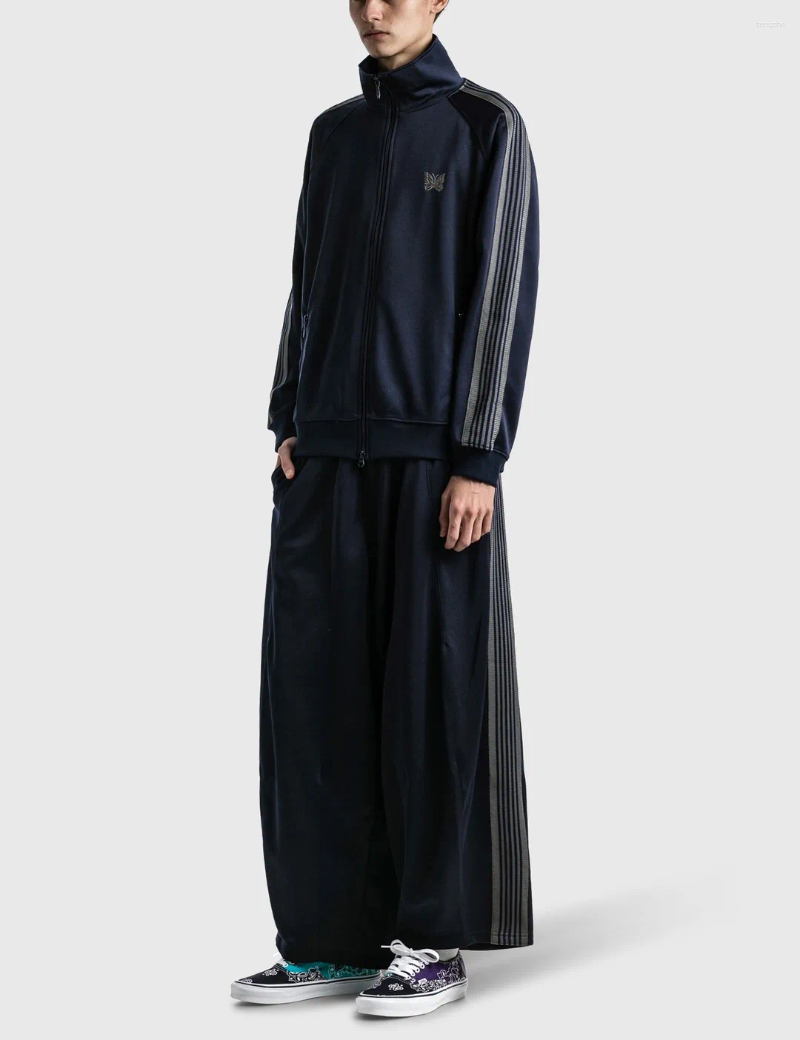 2024 Pants Men's Oversized Mens Navy Blue Needles Wide Men Women Embroidered Butterfly Track Poly Smooth AWGE Sweatpants