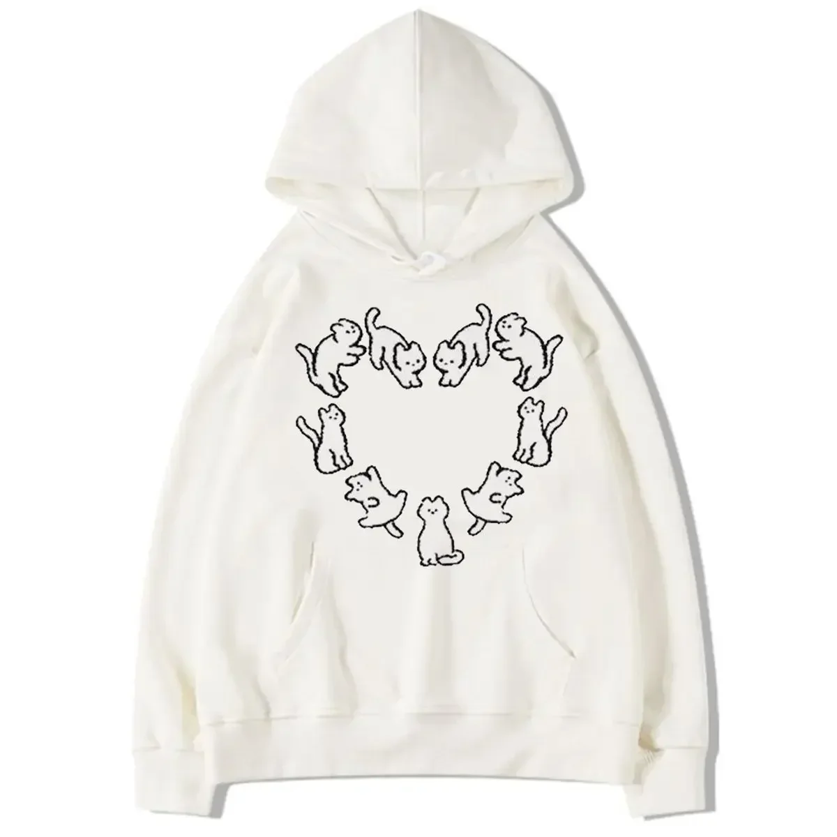 Korean style cute cat love pattern hooded sweatshirt for women loose casual autumn and winter couple wear niche jacket for men