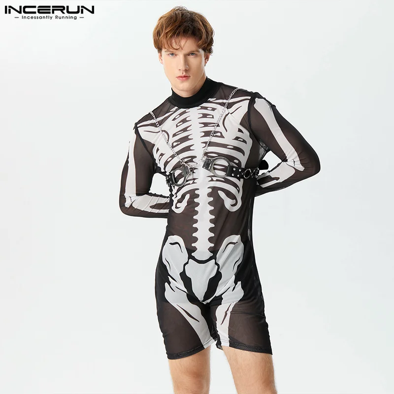 Mesh Rompers 2023 Men's Transparent Turtleneck Long Sleeve Sexy Bodysuits Printing Homewear Male Pamas Jumpsuits S-3XL INCERUN smile