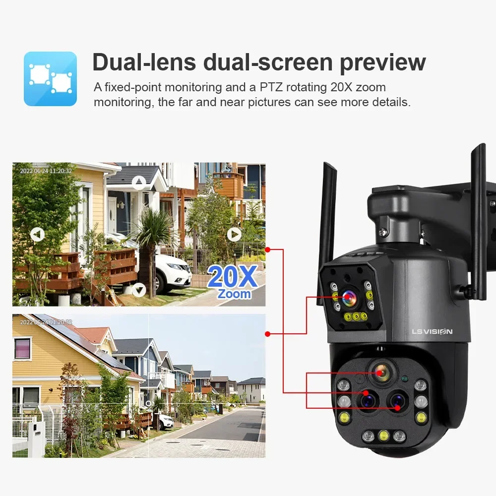 LS VISION 8K WiFi Camera Outdoor 20X Zoom Four Lens Dual Screen Security Cam PTZ CCTV Monitor Auto Tracking Surveillance Camera