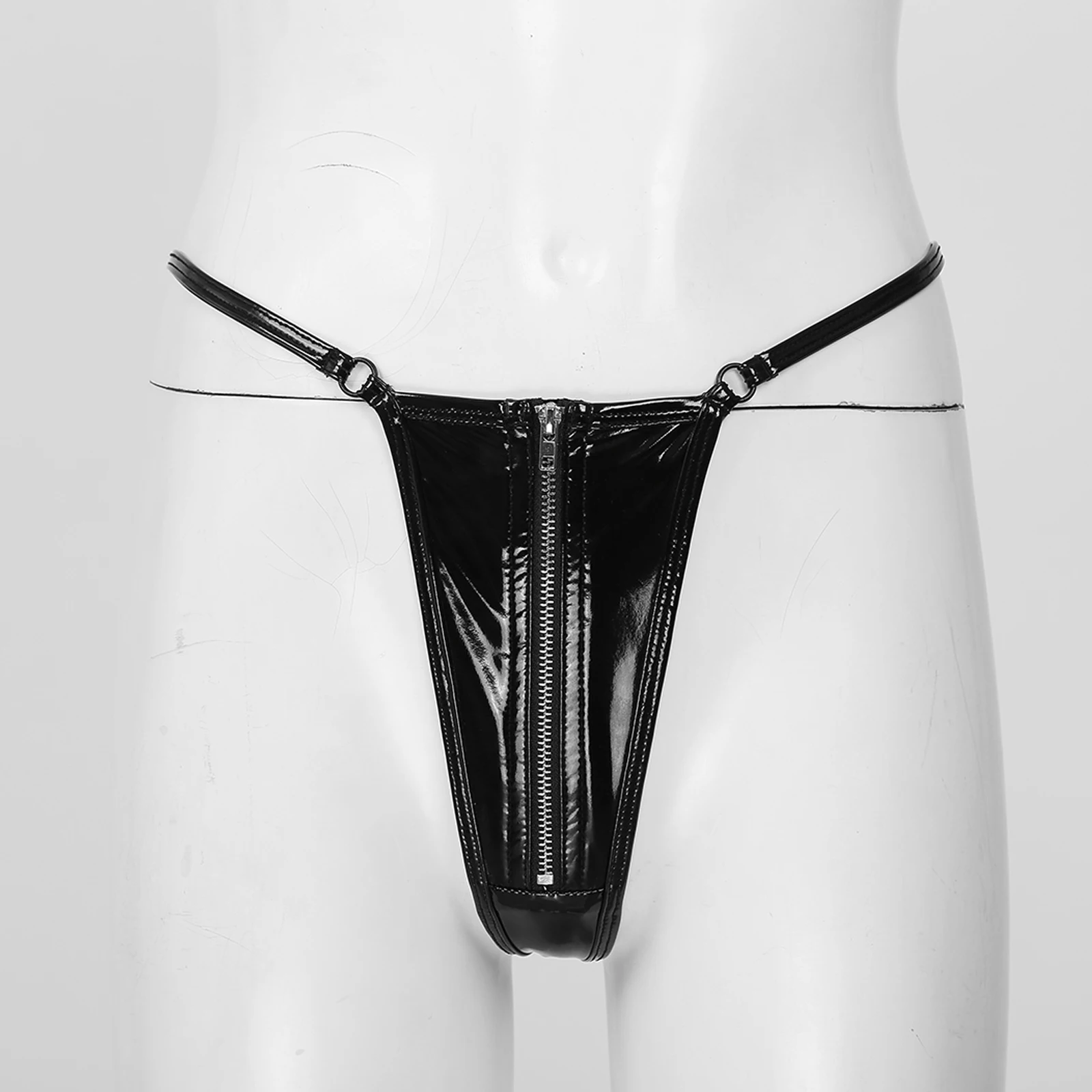 Womens Zipper Crotch G-string Wet Look Patent Leather T-back Thong Micro Underwear Latex Glossy Low Waist Open Butt Briefs