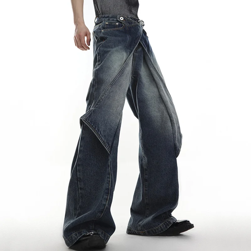 FEWQ Men's Trendy Jeans Deconstruct Spliced Wide Leg Denim new Pants Distressed Washed 2025 Streetwear Summer Male Casual Trousers 9C673