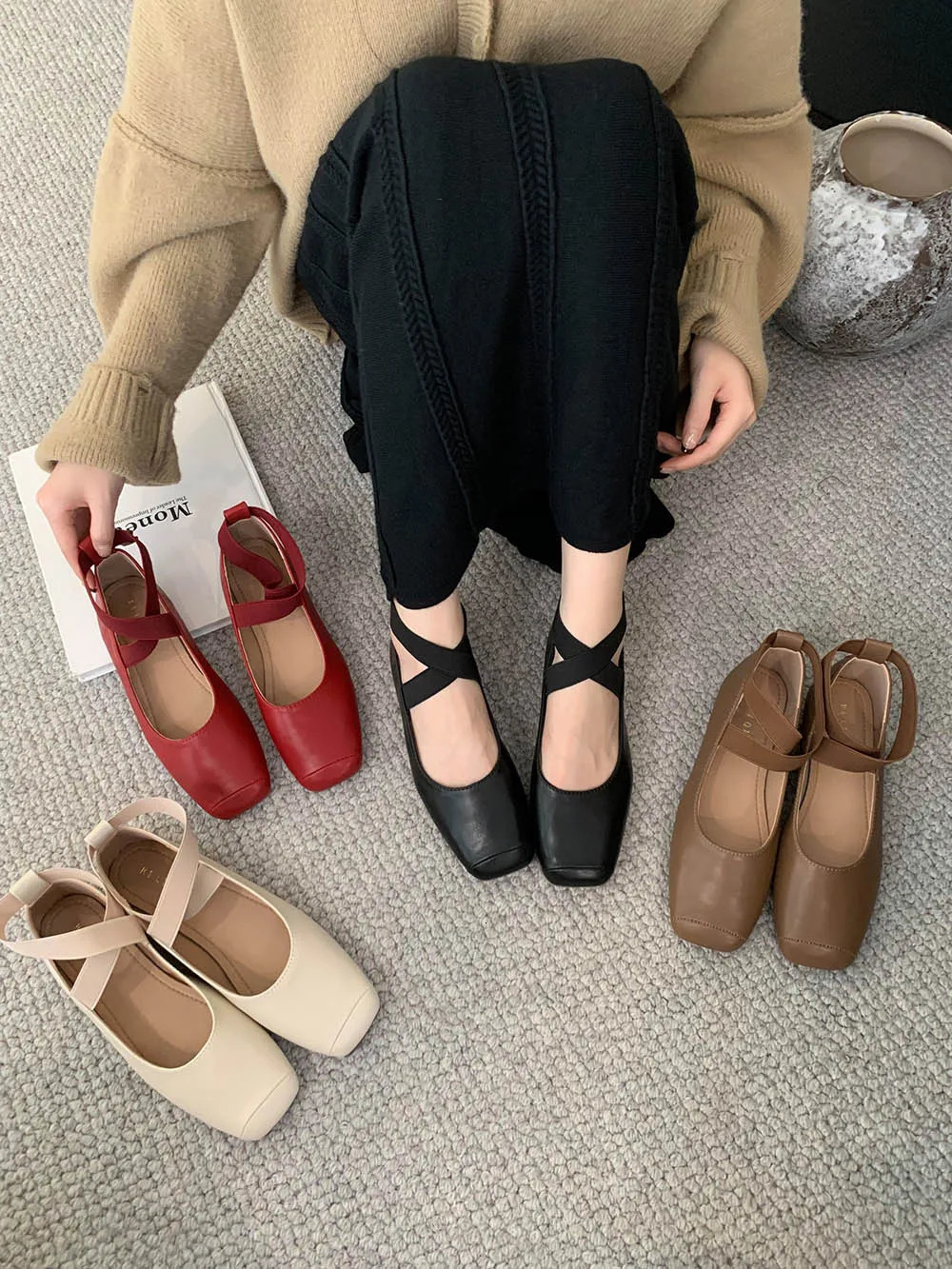 Square Toe Women Loafers Ballet Dance Shoes Flat Low Heels Arrivals Black Beige Khaki Brown Dress Sandals Pumps Size 39 240321