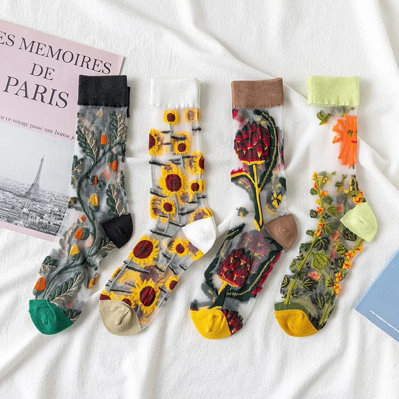 Ultra-thin Transparent Crystal Silk Socks Women Summer Creative Floral Retro Elastic Silk Trend Print Ultrathin Glass Silk Socks