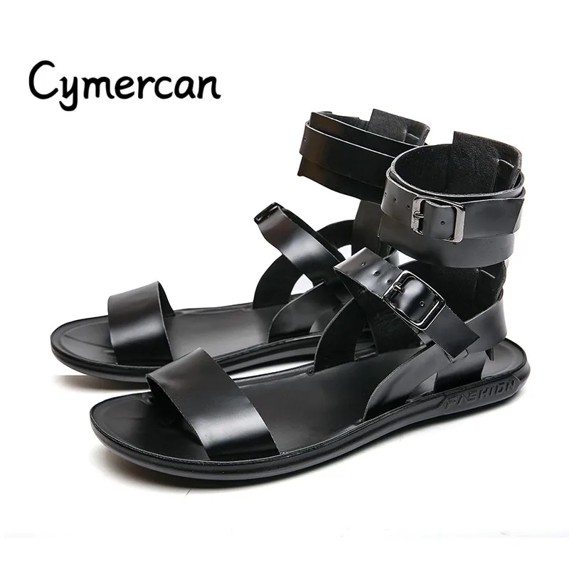 New Roman Style Men's Shoes Black Leather Trendy Designer Sandals new Summer Solid Casual shoes Comfy Breathable Outdoor 2025 Beach Shoes