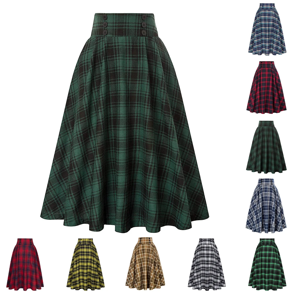 SISHION 2023 Autumn New A Line Swing Buttons Long Midi Vintage Skirt SS0037 Red Green High Waist Plaid Skirts for Women Jupe