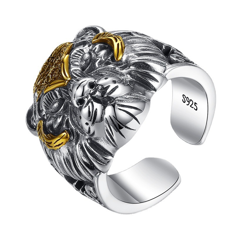 Classic vintage 925 Thai Silver Domineering golden Armor Tiger Head mens rings Sculptured Design Hip Hop Party Jewelry