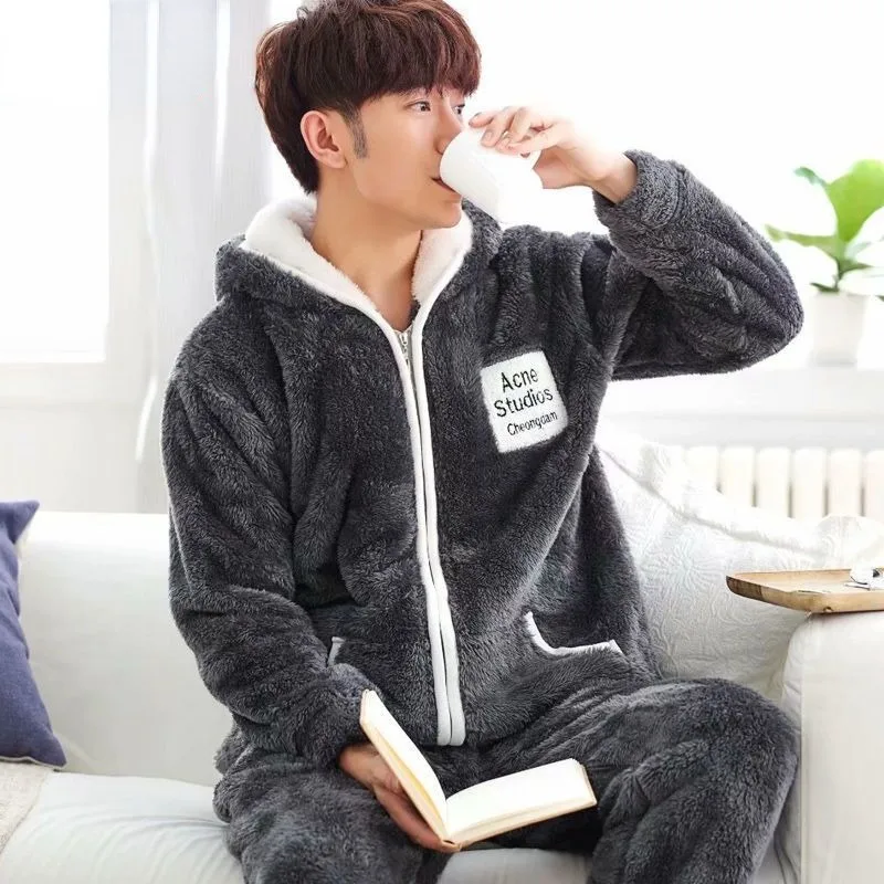 2023 New Men Pajamas Autumn Winter Coral Velvet Padded Hooded Loungewear Warm Flannel Cotton-padded Jacket Homewear Suit
