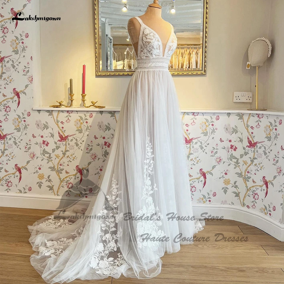 Lakshmigown Blush Pink Boho Wedding Dresses 2023 Vestidos new Civil 2025 Bridal Long Beach Wedding Gowns V Neck Spaghetti Straps