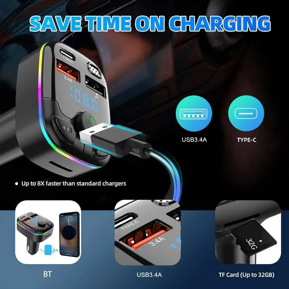 Car FM Transmitter 5.0 PD Type-C Dual USB 3.1A Fast Charger Colorful Ambient Light Handsfree MP3 Modulator Player Car BT Player