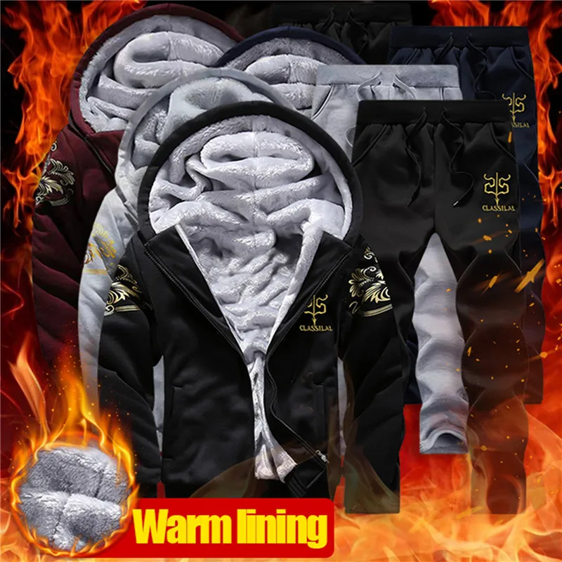 Men Winter Plush Warm Sets 4xl Tracksuits Hoodies Casual Hooded Warm Sweatshirts Thicker Fleece Jackets Pants 2 Pcs Men