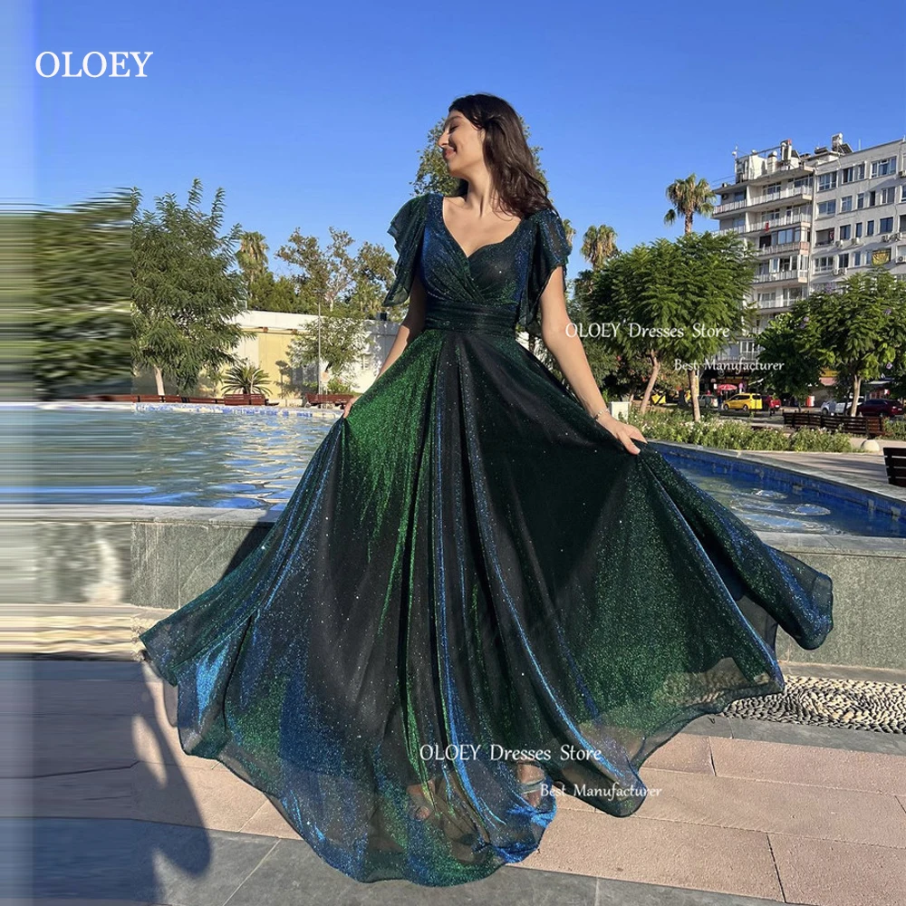 OLOEY New Dark Green Shiny Tulle Long Evening Dresses For Women Vintage Square Neck Short Sleeves Glitter Sparkly Prom Gowns