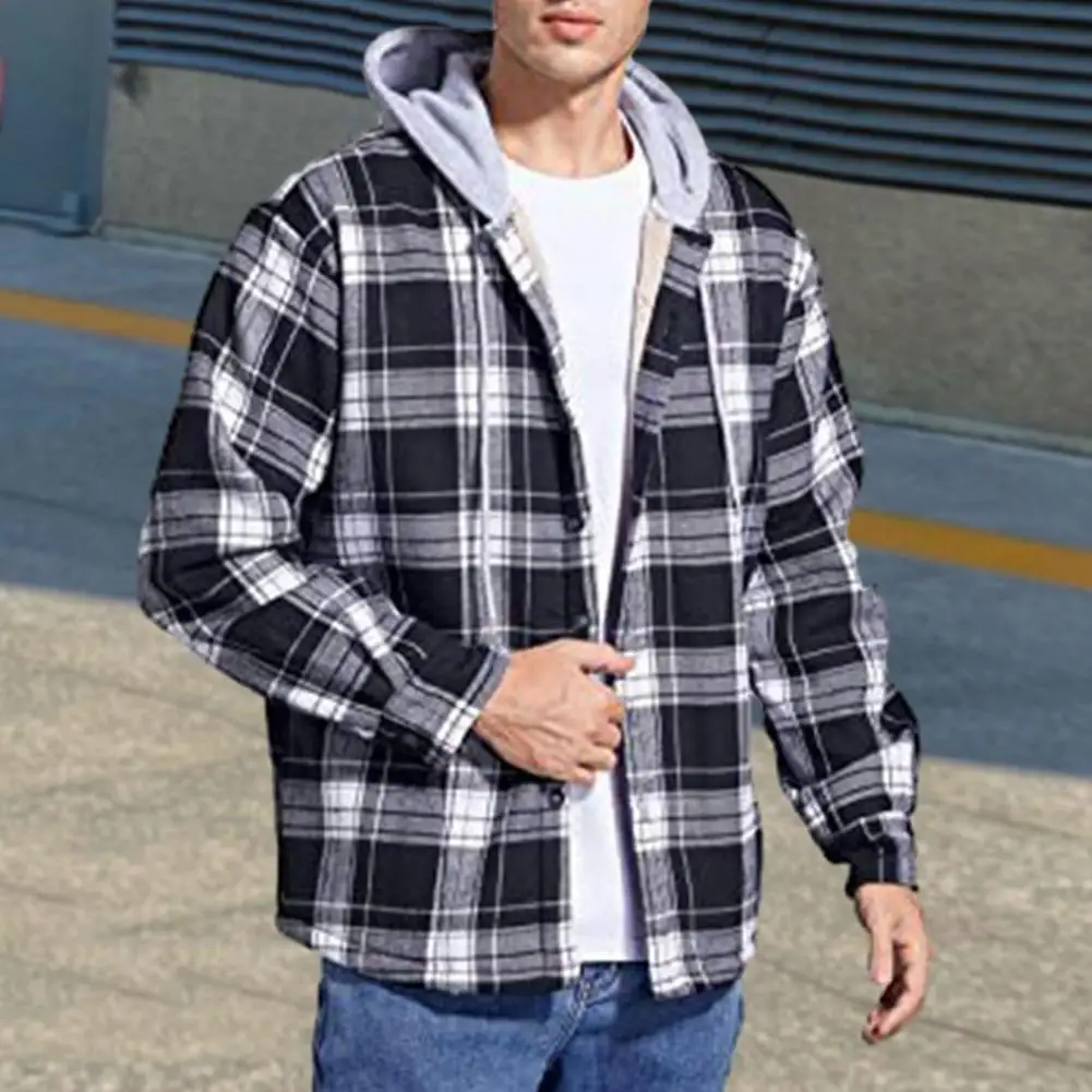 Hooded Jacket Stylish Men's Plaid Pattern Coat Fleece Lined Hooded Cardigan with Drawstring Long Sleeve Loose Fit Outwear Men