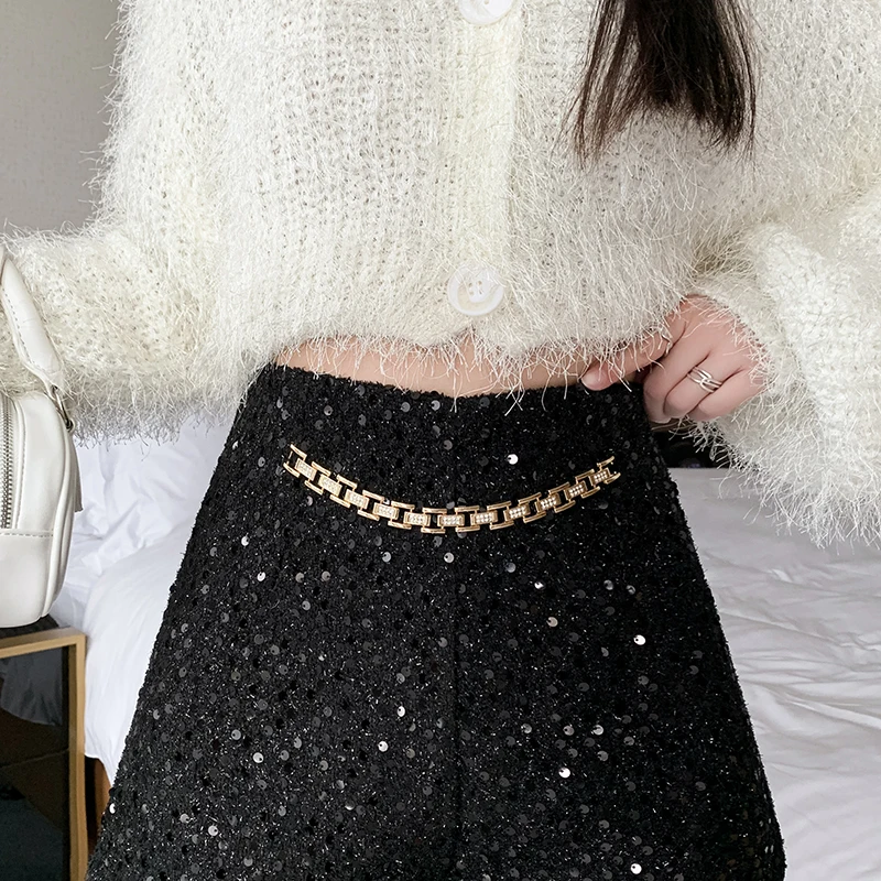 Luxury Shiny Sequined Tweed Shorts Women 2023 New Autumn Winter Korean Clothes Woolen Short Femme Ladies Chains Hot Short Pants