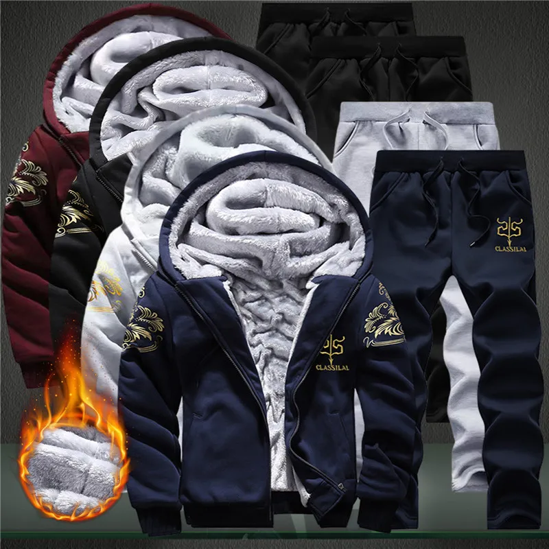 Men Winter Plush Warm Sets 4xl Tracksuits Hoodies Casual Hooded Warm Sweatshirts Thicker Fleece Jackets Pants 2 Pcs Men