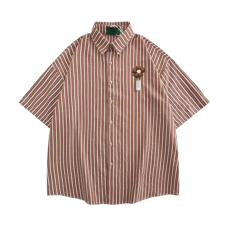 HK Style new Vintage Flower Striped Short 2025 Sleeve Shirt Men Loose Couple Casual Shirts for Summer